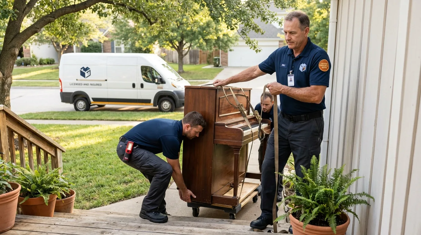 Licensed piano movers securing grand piano in Valley Stream, NY