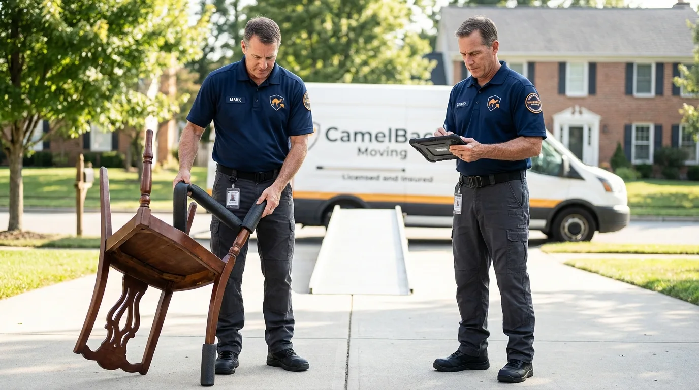 Movers inspecting furniture for damage prevention before loading in Valley Stream, NY