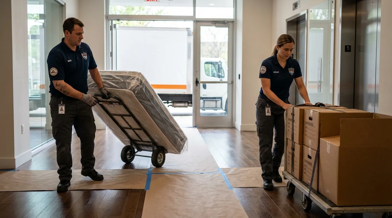 Professional apartment movers loading elevator in Valley Stream, NY